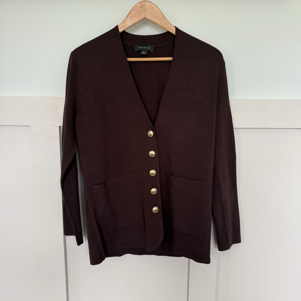 Ann Taylor Cardigan Size SM Chocolate Brown Gold Buttons Career Casual Money - Picture 1 of 8